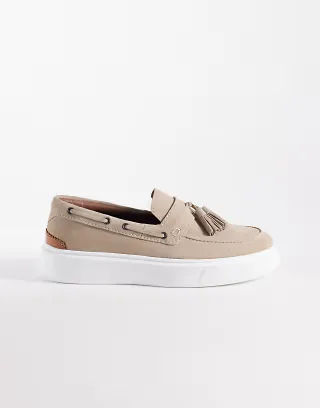 ASOS DESIGN tassel loafers with cup soles in stone suedette