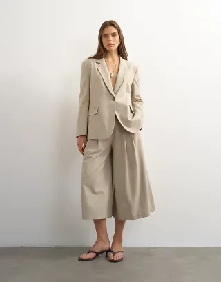 Topshop belted pleated cropped wide leg pants and blazer in beige