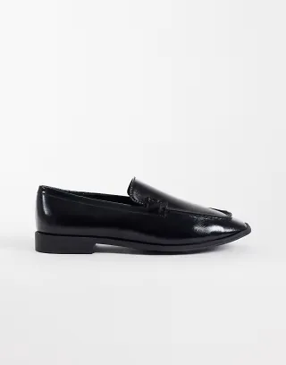 London Rebel Wide Fit Sian square toe loafers in black