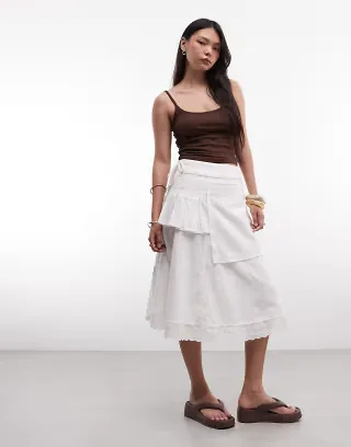 Daisy Street broderie midi skirt with overlay in white