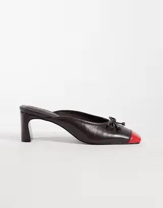 ASOS DESIGN Sweetheart block heeled mules in chocolate and red