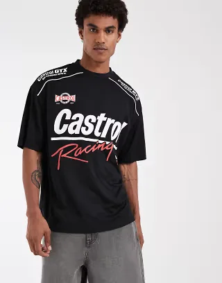 ASOS DESIGN oversized mesh tee with Castrol print in black