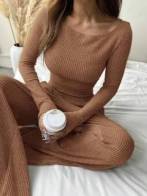 SHEIN Women's Ribbed V-Neck Top and Loose Pants Set
