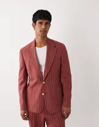 ASOS DESIGN linen rich slim suit jacket in terracotta stripe
