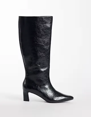 Public Desire Wide Fit Boomer heeled knee boots in black faux suede