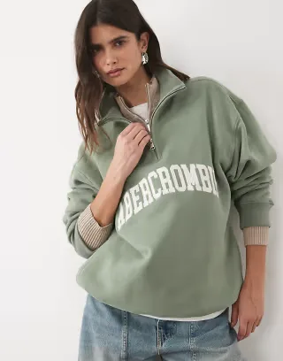 Abercrombie & Fitch front logo quarter zip sweatshirt in khaki