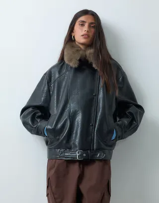 ASOS DESIGN leather look moto jacket with tan faux fur collar in black