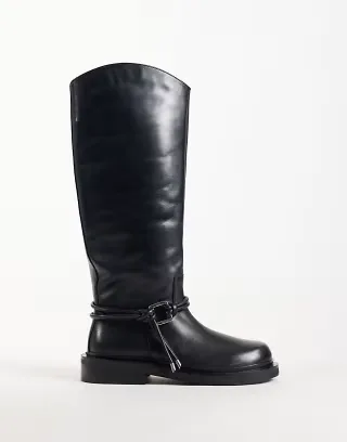ASOS DESIGN Carmella real leather boho trim riding knee boots in black