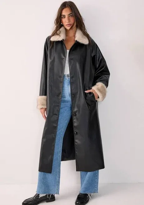 Nasty Gal Women's Fur Trim Faux Leather Longline Coat