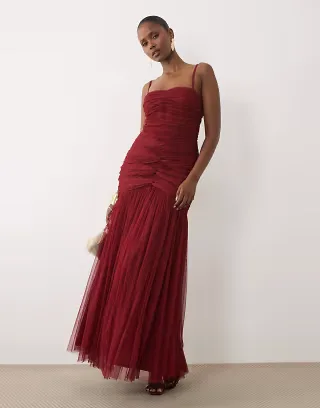 Lace & Beads structured cami knot detail dropped waist fishtail maxi dress in deep crimson