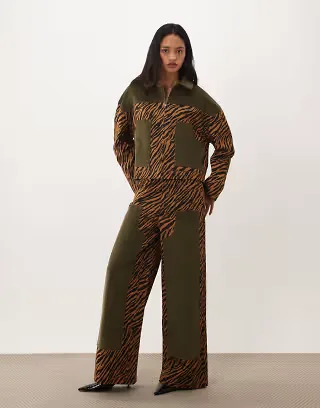 Ghospell Suzu cord panel detail mid rise wide leg jeans in orange zebra print - part of a set