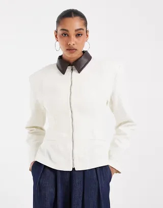 ASOS DESIGN zip through cinched jacket in ecru canvas