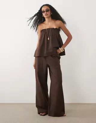 ASOS DESIGN linen blend wide leg deep hem pants in brown - part of a set