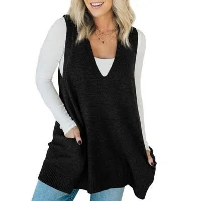 Imily Bela Women's Casual Loose V-Neck Knit Sweater Vest with Pockets