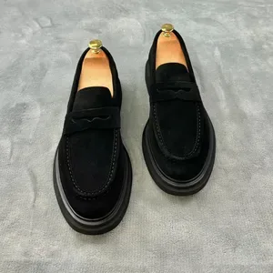 Mens Business Leather Shoes - Suede Casual Slip-On Loafers for Work and Everyday - Black Brown
