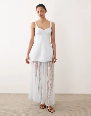 Six Stories satin sweetheart neck structured lace skirt maxi dress in light blue