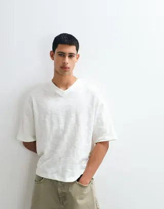 ASOS DESIGN boxy oversized t-shirt with v neck in texture white