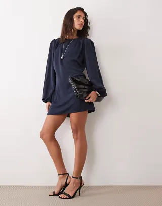 ASOS DESIGN crew neck mini dress with volume sleeve in navy
