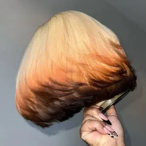 13x4 Lace Frontal Straight 3-Tone Brazilian Ombre Human Hair Wig, Short 613 Colored Transparent Pre-Plucked Glueless Wig