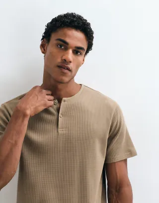 ASOS DESIGN regular fit T-shirt with henley in brown waffle
