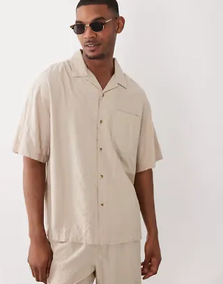 ASOS DESIGN oversized camp collar seersucker shirt in beige - part of a set