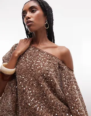 ASOS DESIGN sheer crochet sequin asymmetric slouchy cape top in brown