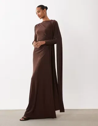 Daska one shoulder cape maxi dress in chocolate