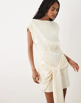 Pretty Lavish Hattie jacquard cap sleeveless fringe tie detail mini dress in cream