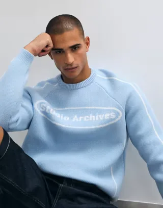 ASOS DESIGN knit oversized graphic sweater in blue