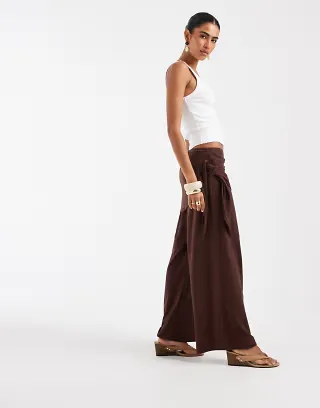 ASOS DESIGN textured sarong detail pants in chocolate - part of a set