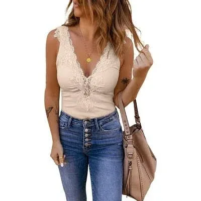 Imily Bela Women's Elegant Lace Patchwork Deep V Neck Vest Top