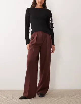 ASOS DESIGN Tailored wide leg pants with pleat detail in deep brown
