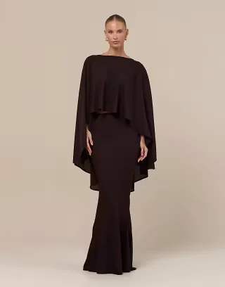 Wanderdoll Primrose chiffon maxi fishtail skirt set in chocolate