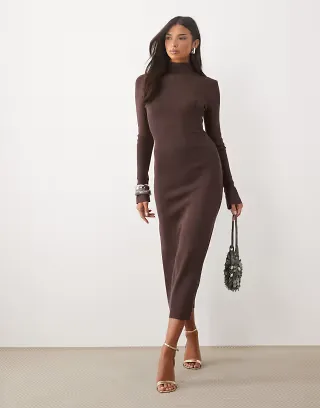 Pretty Lavish flared sleeve knit midaxi dress in chocolate
