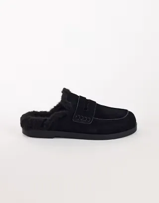 Topshop Addie real suede mule loafer with shearling in black