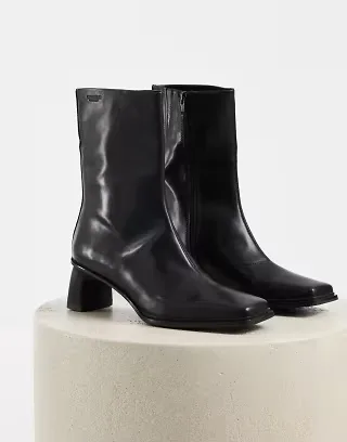 Vagabond Shoemaker Elvina square toe mid heel knee boots in black leather