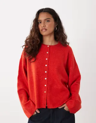 ASOS DESIGN fluffy relaxed crew neck cardigan in red
