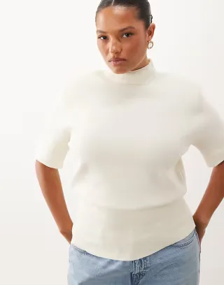 ASOS DESIGN Curve high neck shoulder pads waisted t-shirt in cream