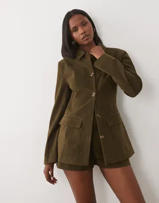Kaiia exclusive faux suede cinched waist longline blazer in dark olive - part of a set