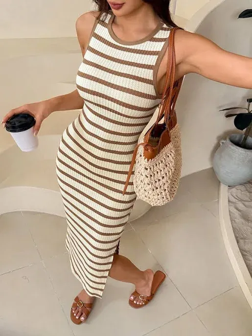 SHEIN Beige Striped Slim Fit Side Slit Midi Dress Women's Dresses Cocktail Round Neck Knitted Fabric Tank Pencil Hem Cas