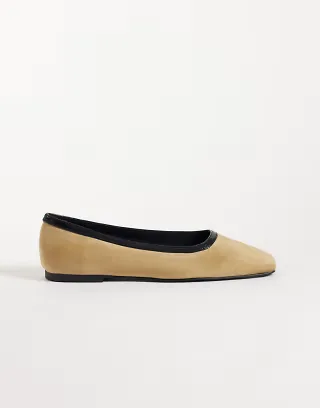 ASOS DESIGN Layla square toe ballets in sand suedette and black