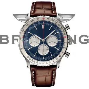 AAA Bretlly Navitime Mens Automatic Chronograph Watch - High-Quality Leather Band Timepiece with Quartz Movement and Box
