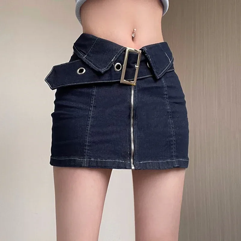 BUCKLE BELTED DENIM MINI SKIRT