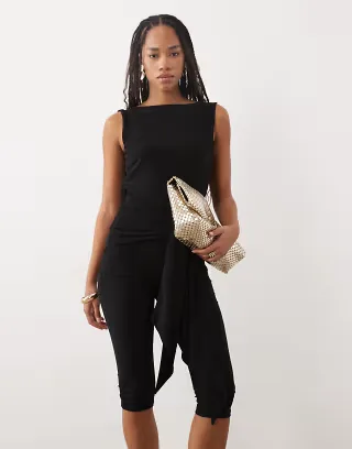 ASOS DESIGN slash neck capri jumpsuit with sash in black