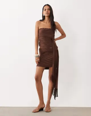 ASOS DESIGN slinky set with fringed drape detail in brown