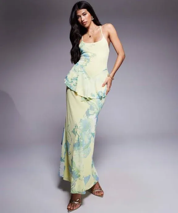 ASOS DESIGN mesh cami maxi dress with peplum detail in floral print-Multi
