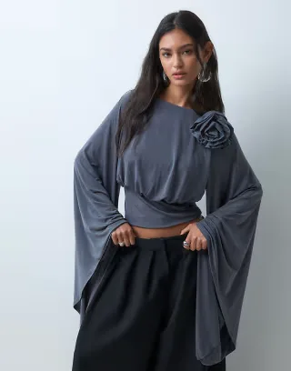 ASOS DESIGN corsage draped cinched waist blouse in charcoal