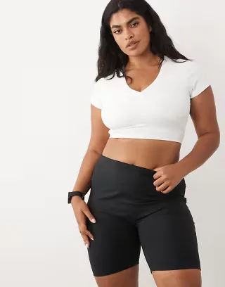 4505 Curve seamless baby rib wrap front short sleeve top in white