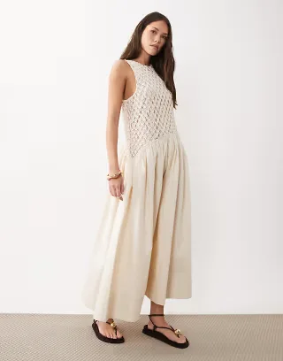 ASOS DESIGN macramé dropped waist midaxi dress with poplin skirt in ecru