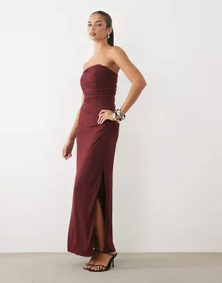 TFNC hotfix bandeau corset detail thigh high split maxi dress in burgundy